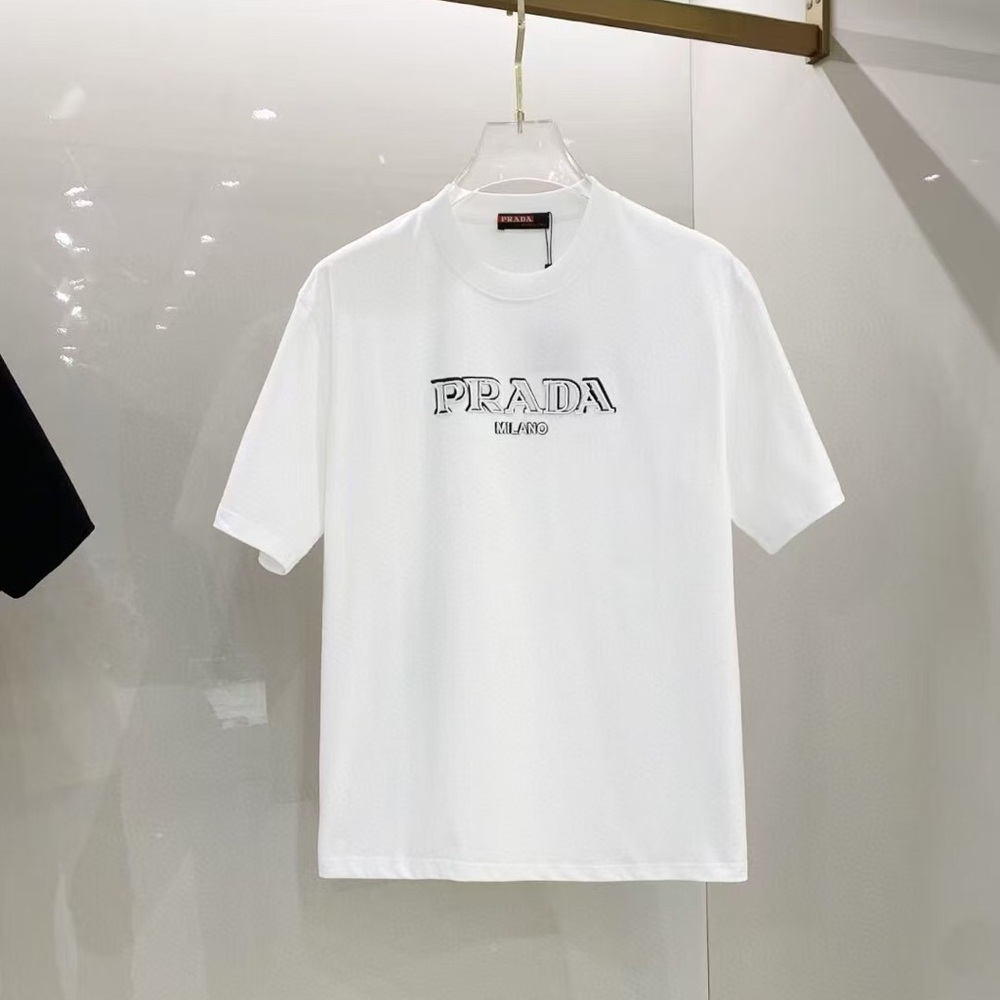 Prada letter embroidered logo round neck short sleeve T-shirt